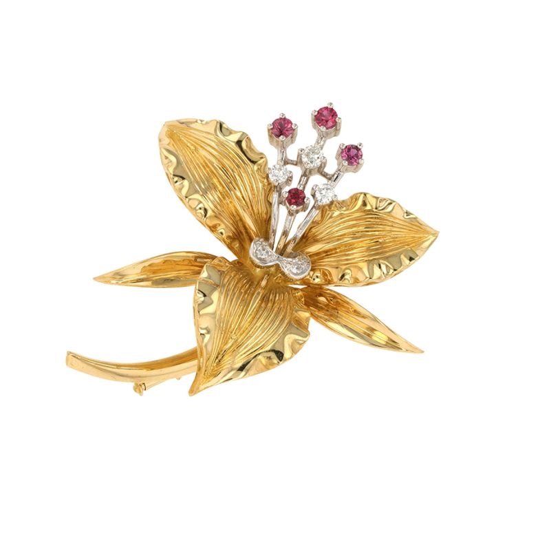 Broche vintage diamants 0.29 carat et rubis 0.60 carat or jaune 24.80g Comme neuf -  reconditionné disponible sur Gemme Les Bijoux